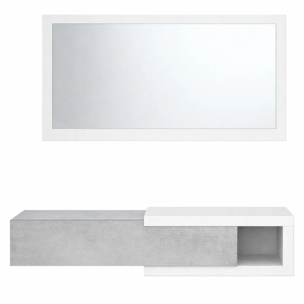 Mobile da ingresso con cassetto e specchio, finitura bianco e cemento