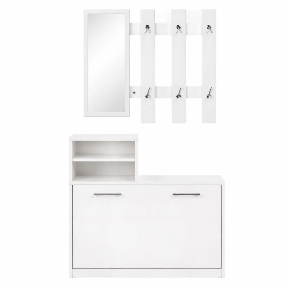 Set ingresso con specchio, appendiabiti e portascarpe, 6 ganci e ripiani per 8 paia di scarpe, Bianco brillante