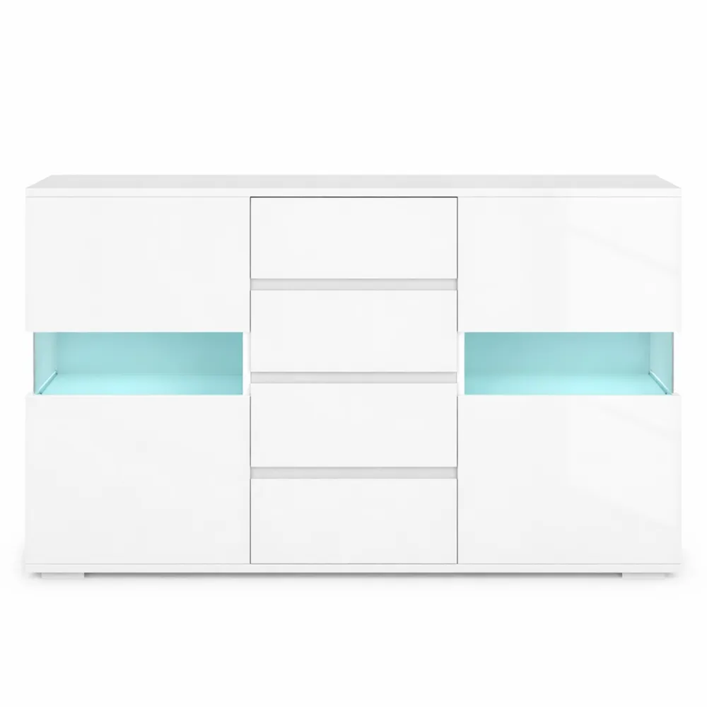Credenza Moderna con LED Regolabile e Telecomando, 4 Cassetti e 2 Armadietti, 120x34x70 cm, Bianco