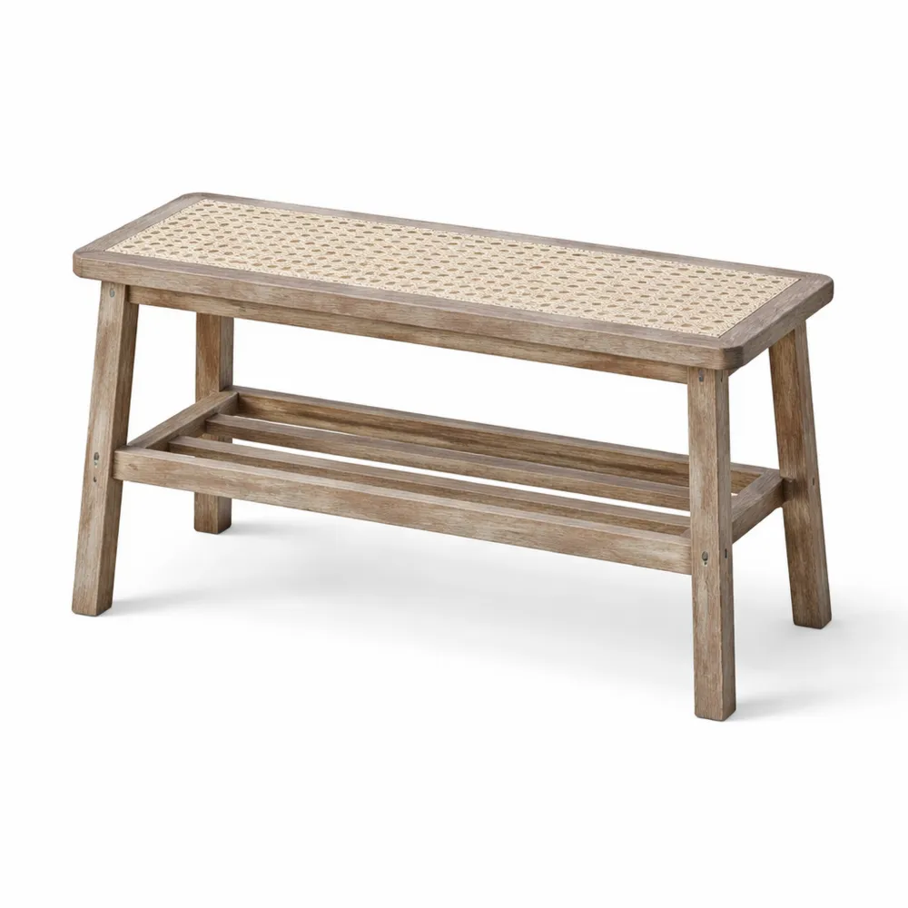 Panca Scarpiera in Rattan per Ingresso o Soggiorno, 75CM, Legno Naturale