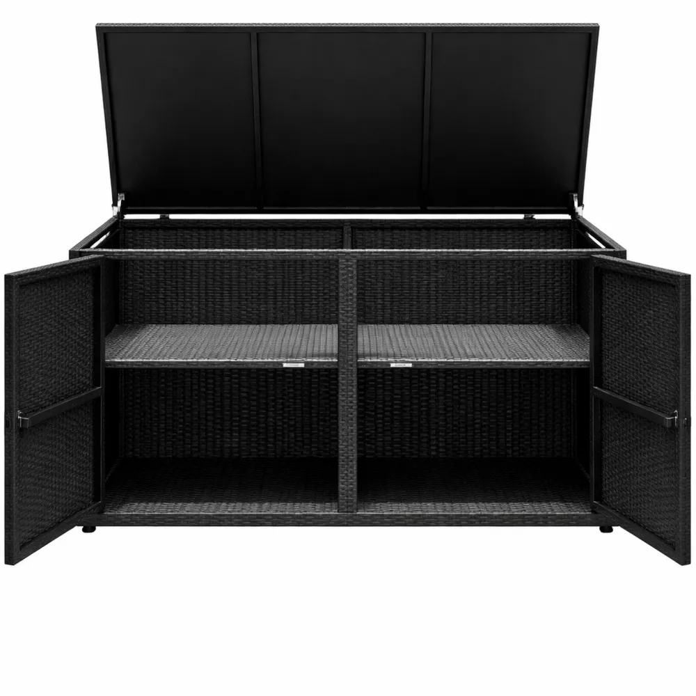 Baule da Esterno in Rattan con Doppio Livello e Panca Multiuso, 115x60x65 cm, Nero