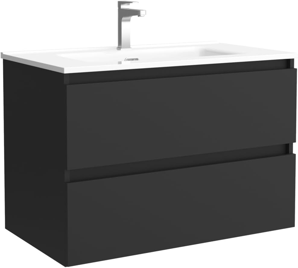 Mueble de baño Bequia Salgar - suspendido negro de 80 cm - lavabo cerámico y 2 cajones sin marco-Homigoyard