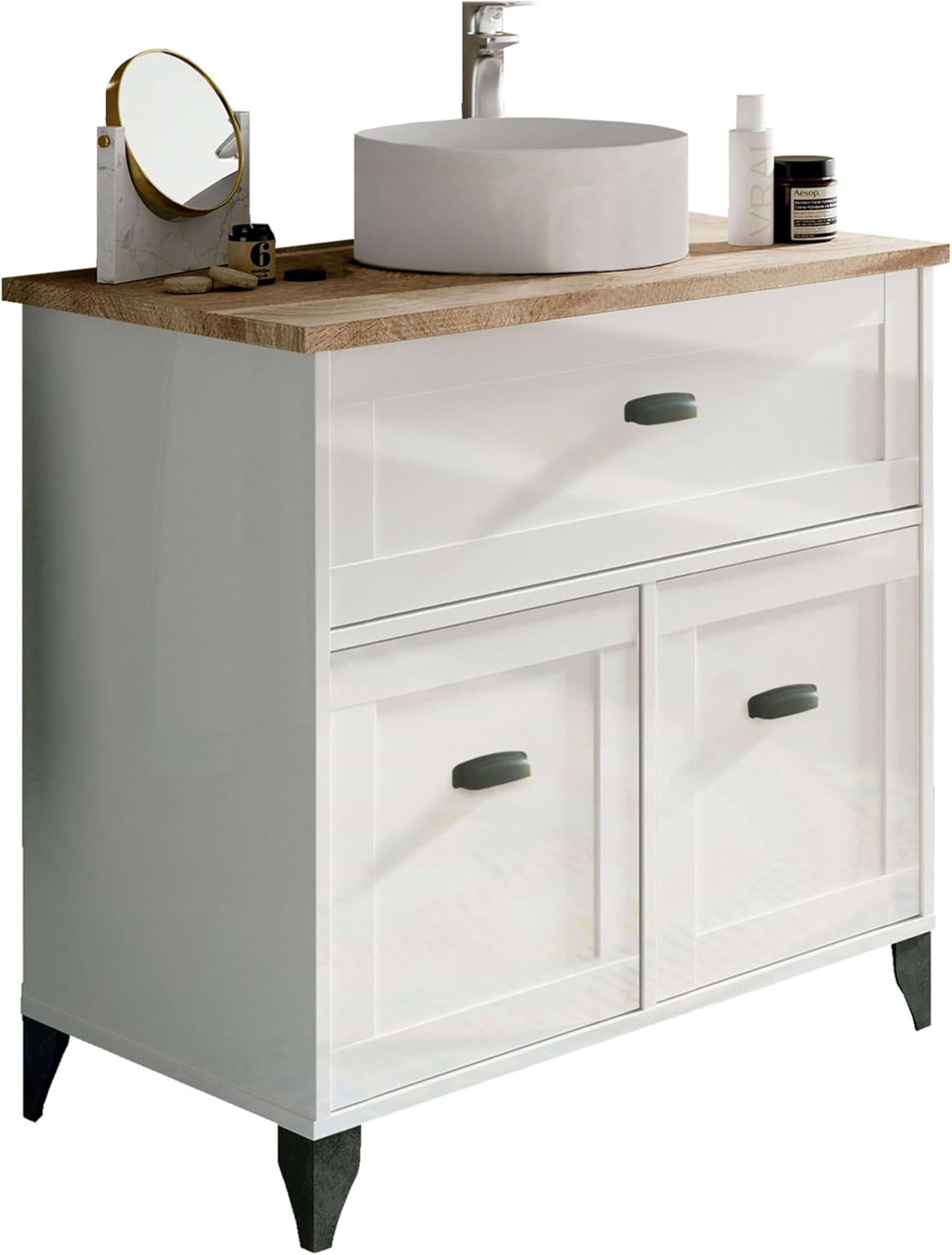 Mueble de baño Toscana Muebles Pitarch - estilo vintage blanco y roble Cambrian - lavabo incluido 82 cm-Homigoyard