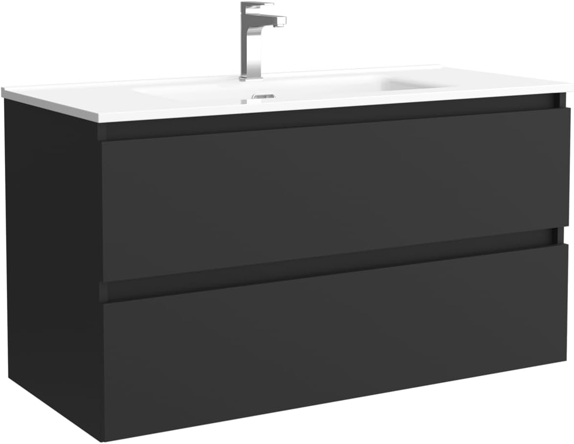 Mueble de baño Bequia Salgar - suspendido negro mate de 100 cm - lavabo de porcelana y 2 cajones-Homigoyard