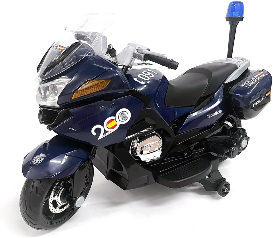 Moto eléctrica infantil 24 V Policía Nacional - vehículo azul con luces sirena música batería oficial y ruedas de caucho-Homigoyard