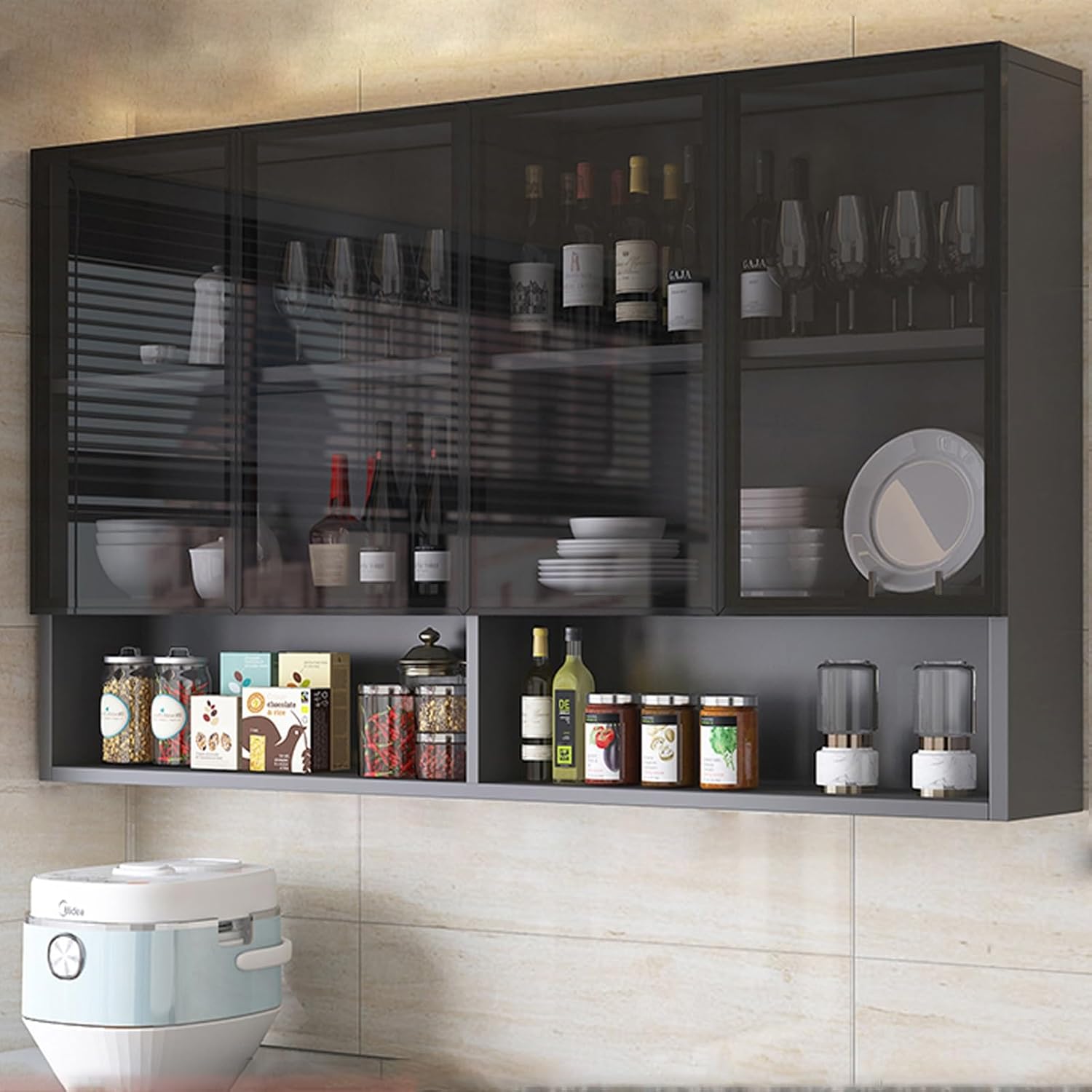 Vitrina de cristal de pared - gabinete estrecho gris con asa oculta - almacenamiento para baño cocina y salón-Homigoyard