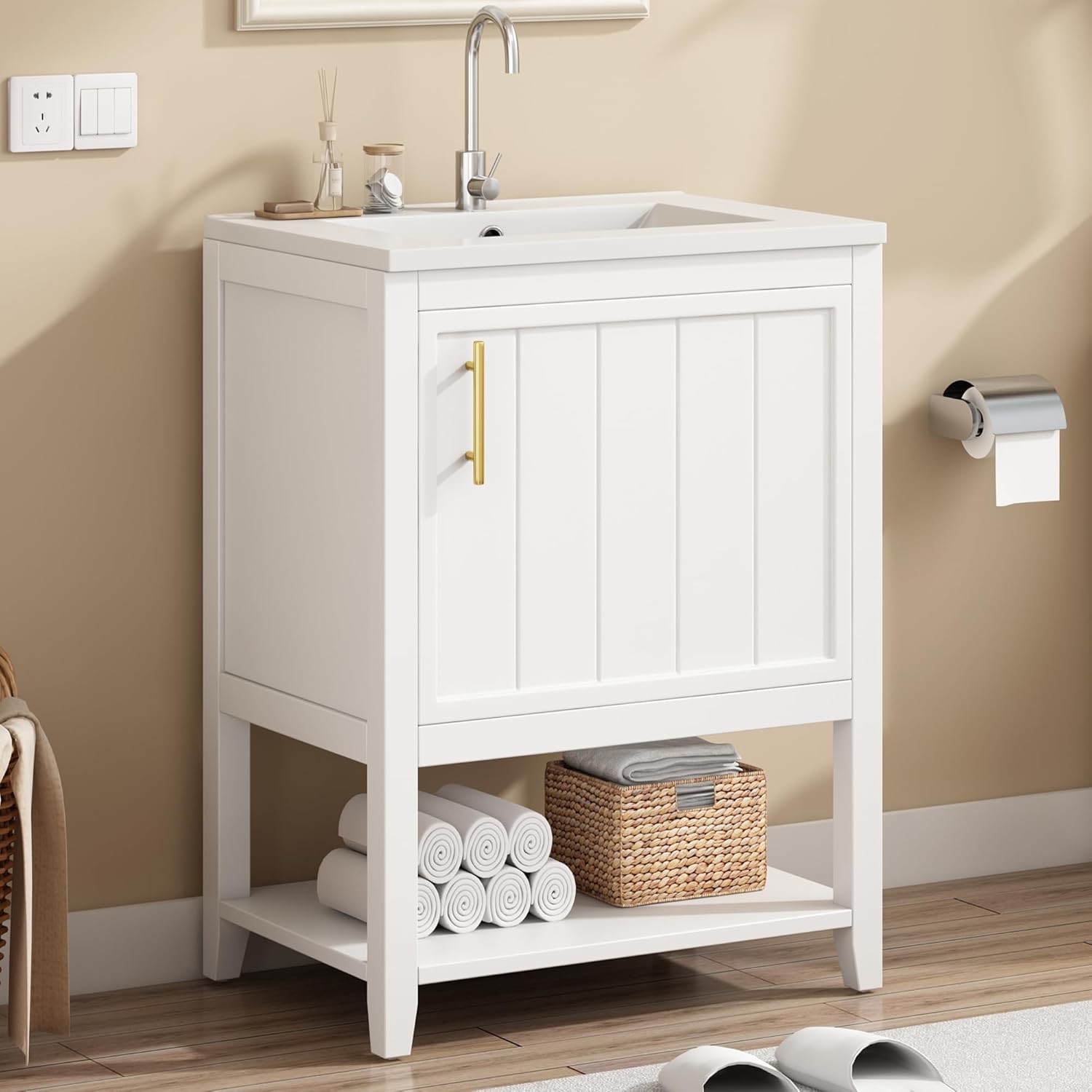 Mueble de baño SUKY - lavabo individual blanco de 60 cm - gabinete de suelo con estante y cerámica-Homigoyard