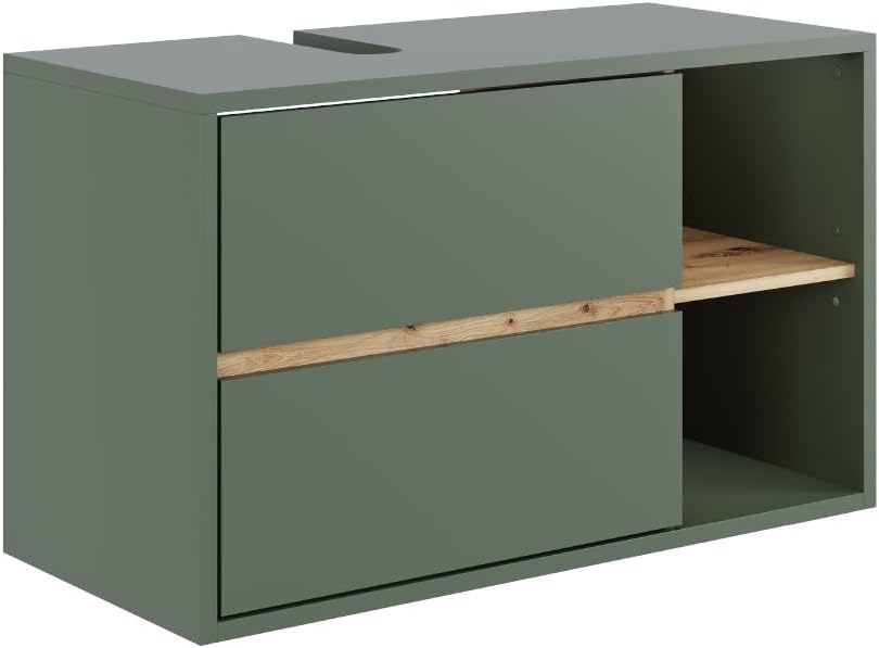 Mueble bajo lavabo Vicco Viola - verde y artesano de 100 cm - 2 cajones con estantes abiertos-Homigoyard