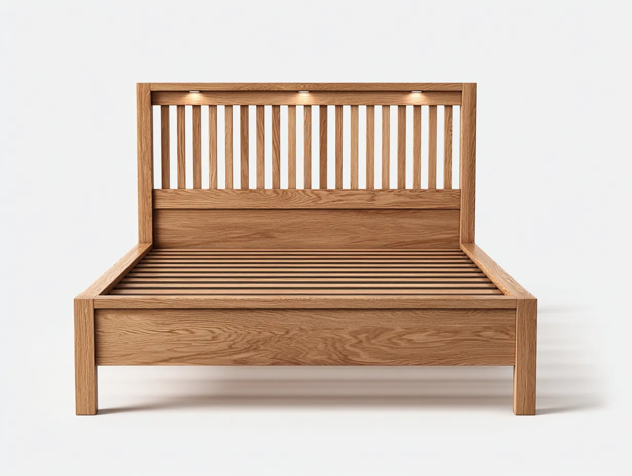 Camas dobles de madera maciza con cabecero 200x160x110 cm - marrón - diseño natural con iluminación integrada-Homigoyard