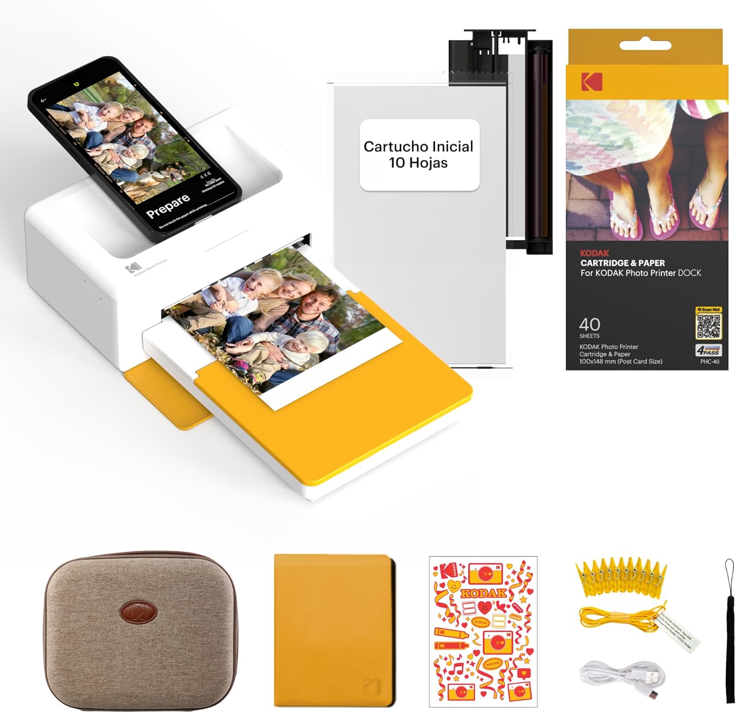 KODAK Dock Plus 4PASS - impresora fotográfica instantánea 10 por 15 cm blanca amarilla con Bluetooth USB y 90 hojas-Homigoyard