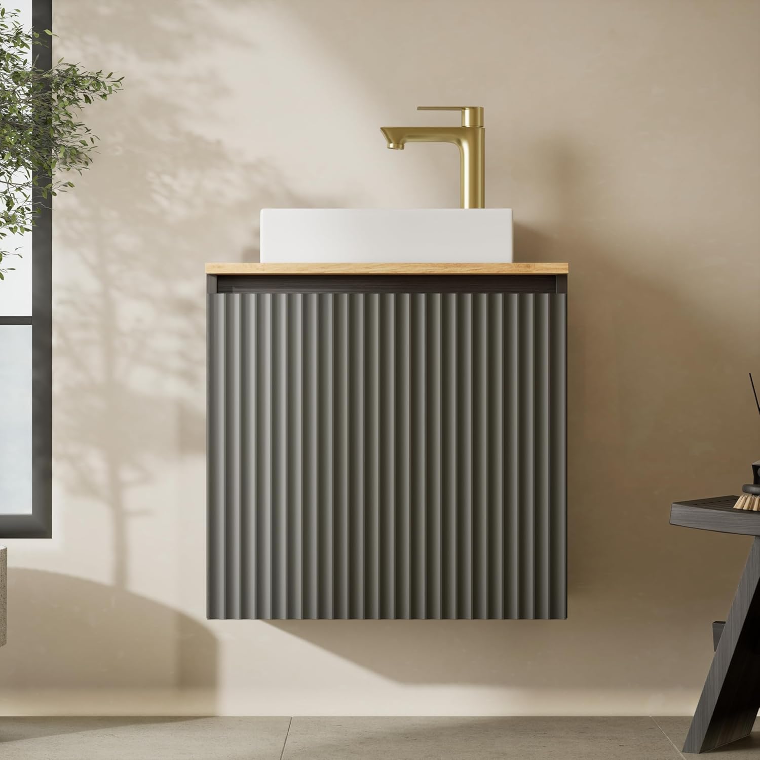 Conjunto Planetmöbel para baño - lavabo con mueble bajo antracita - grifería y desagüe dorado cepillado-Homigoyard