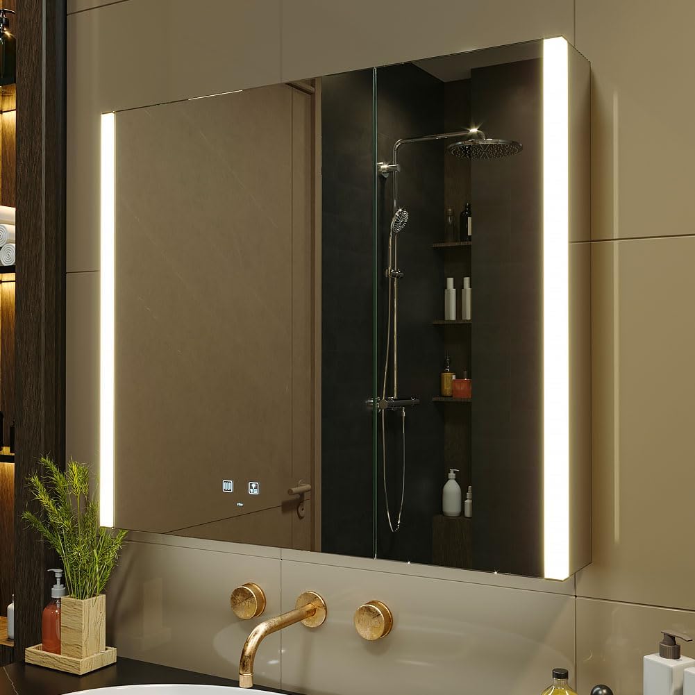 Armario botiquín de baño KWW - espejo LED de pared 70 por 80 cm - antivaho con enchufe USB y luz ajustable-Homigoyard