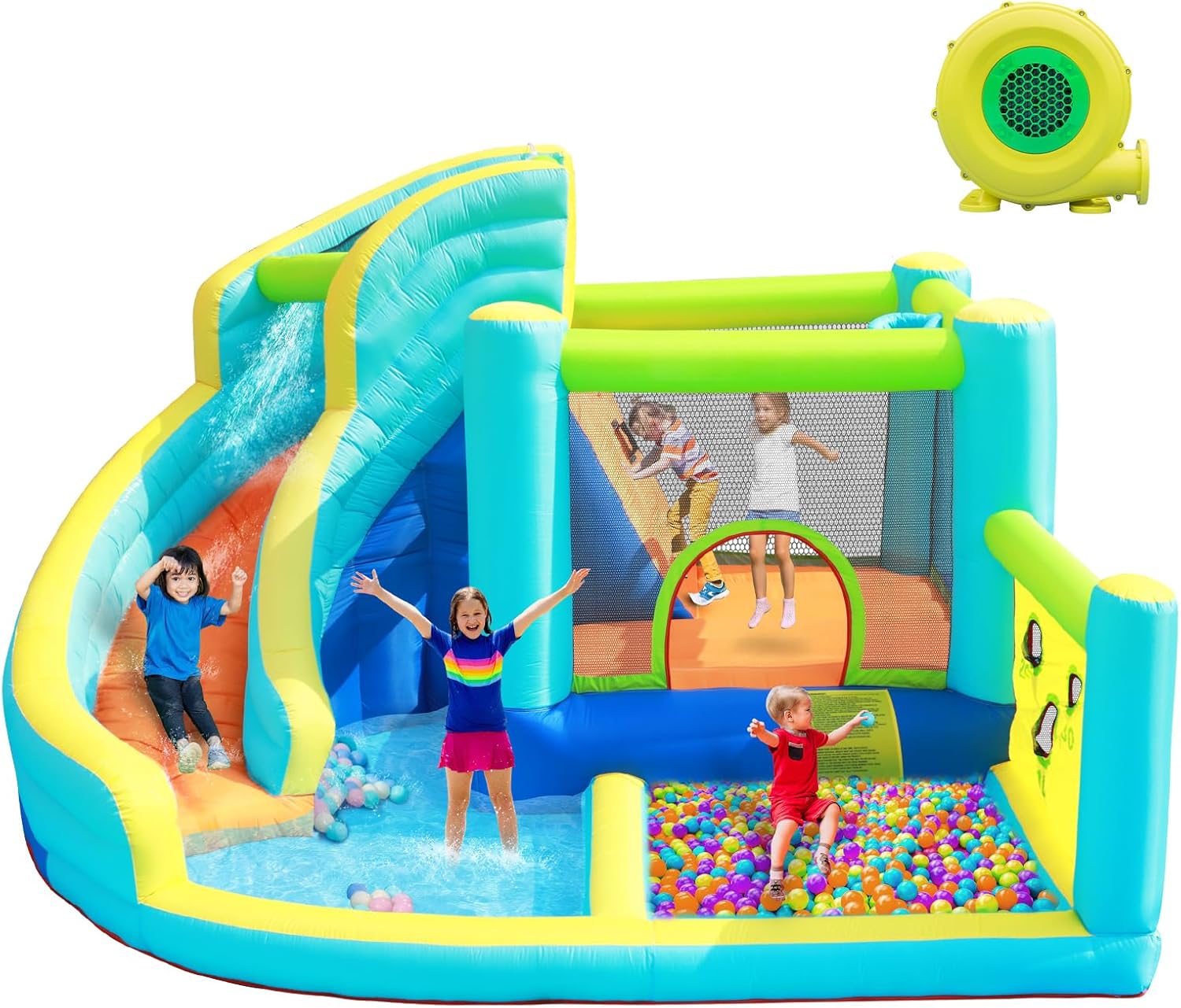 Castillo hinchable acuático FBSPORT - tobogán seco y acuático con trampolín pared de escalada y piscina infantil para jardín-Homigoyard