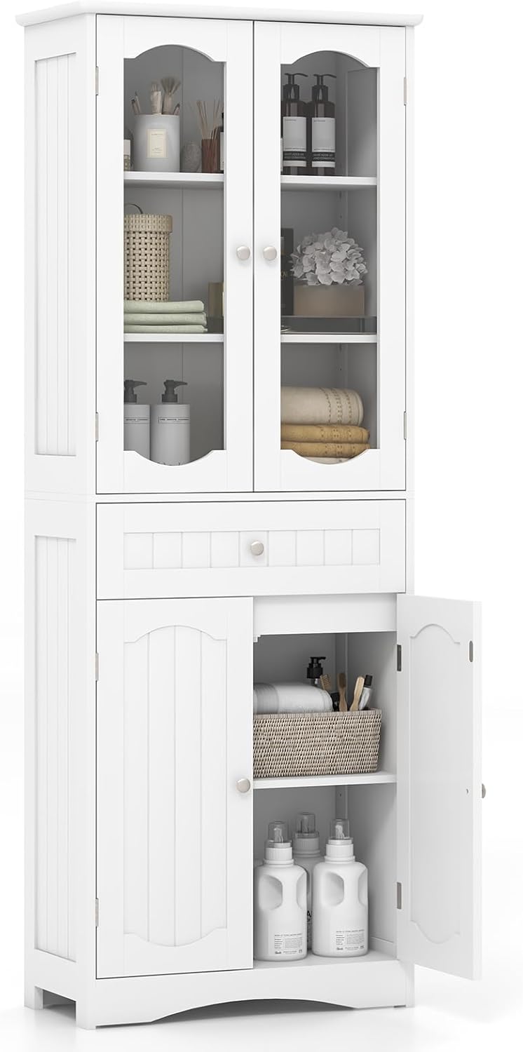 Armario alto COSTWAY - mueble columna blanco de baño cocina y salón - 4 puertas 5 estantes y cajón-Homigoyard