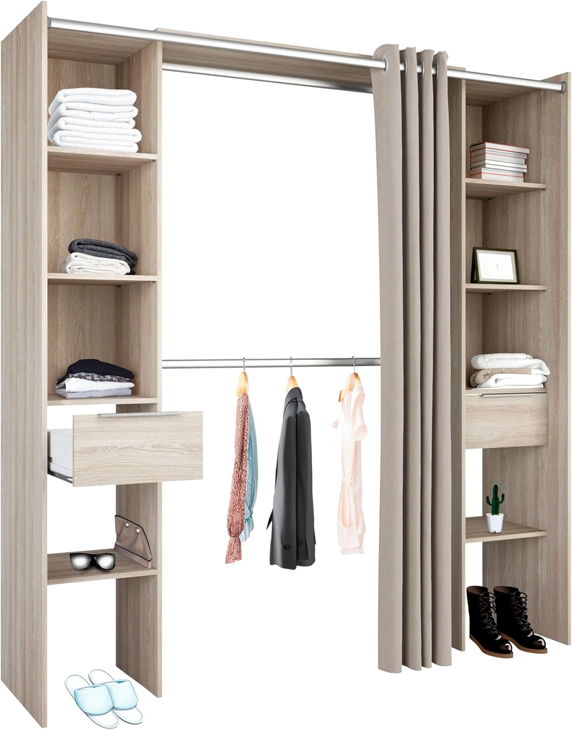 Armario vestidor Miroytengo Dana - roble Shannon abierto - 2 cajones barras y baldas ajustables-Homigoyard