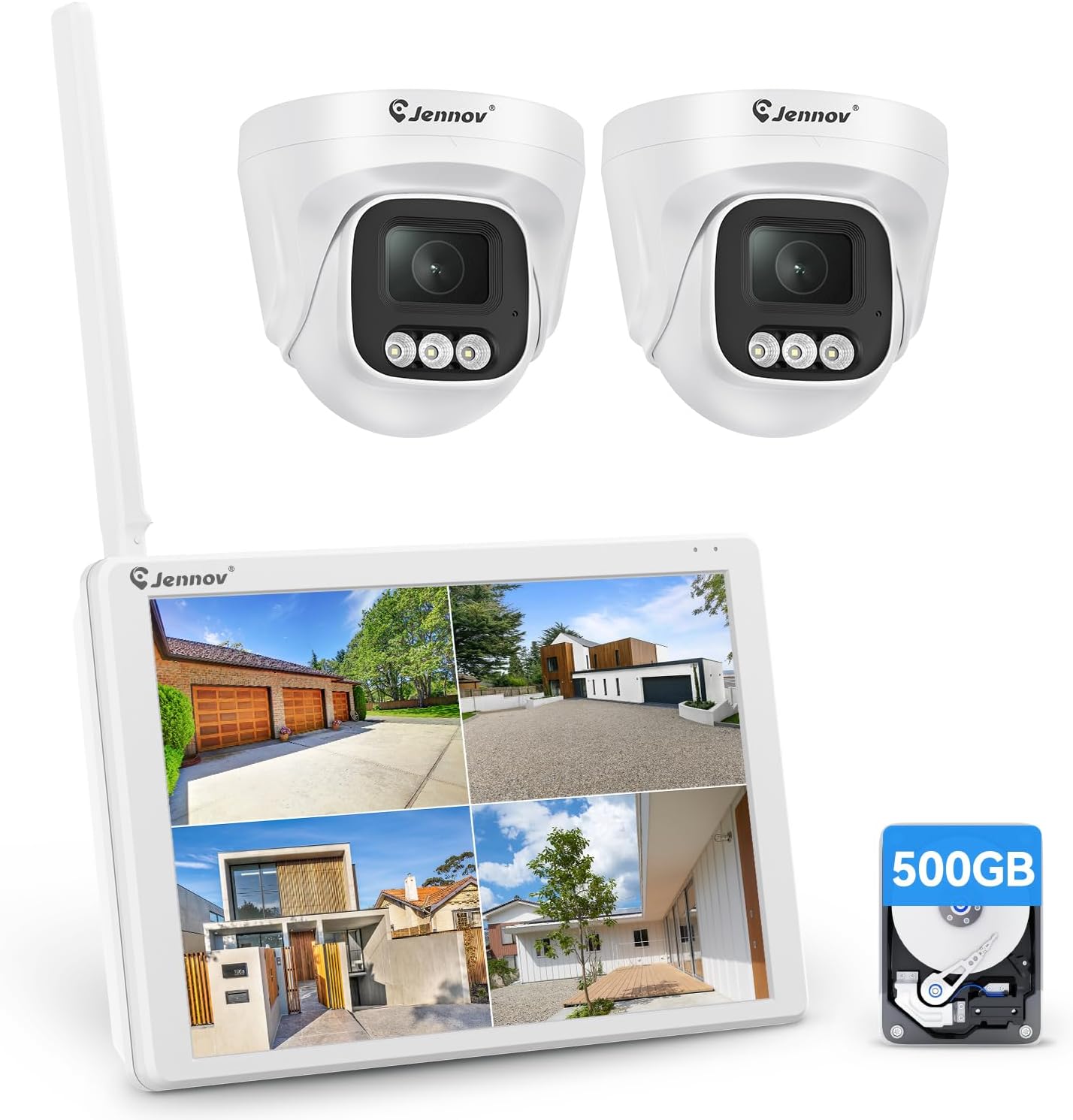 Jennov Überwachungskamera Set WLAN 10CH NVR mit 10 Zoll Monitor, 2x 5MP Außenkameras, 120° Weitwinkel, Farbnachtsicht, 2-Wege-Audio, Personenerkennung, 24/7 Aufzeichnung, 500GB HDD-Cottagethub