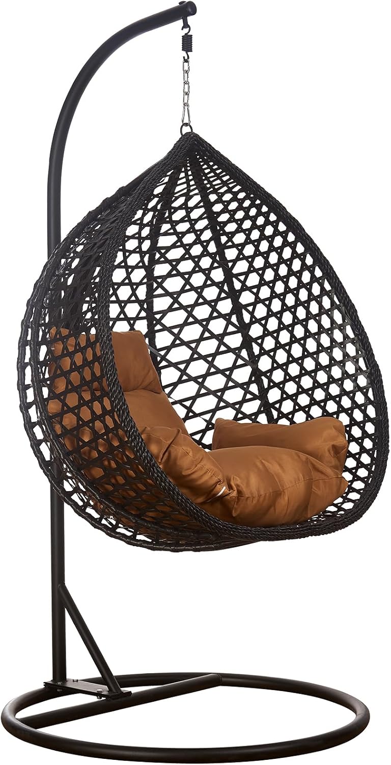 Luxus Hängesessel Style XXL mit schwarzem Gestell, Rattan Korb und braunem Relaxkissen, großer Hängestuhl für Indoor und Outdoor, belastbar bis 150kg-Cottagethub