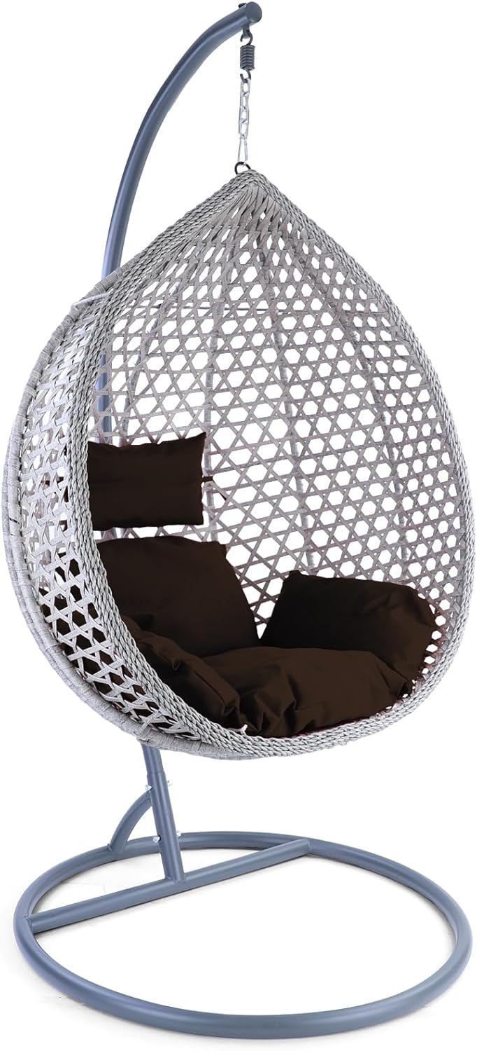 Luxus Hängesessel Style XXL Polyrattan Hängekorb mit grauem Gestell, grauem Korb und dunkelbraunem Kissen, Hängestuhl für Indoor und Outdoor, belastbar bis 160kg-Cottagethub