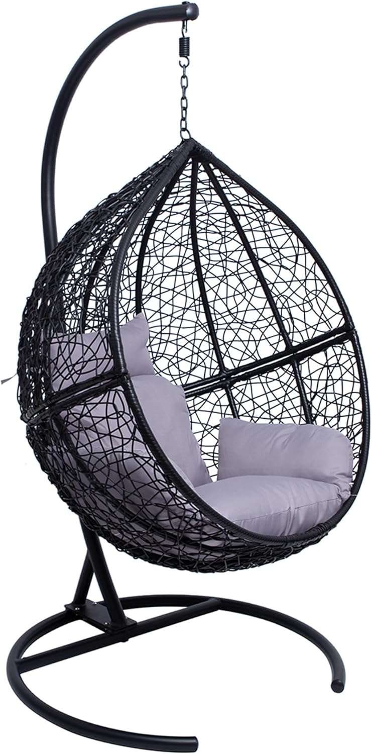 Allpax Einzel Hängesessel Größe L für In- und Outdoor, Hängekorb aus Polyrattan mit Gestell und Sitzkissen, Schwebesessel Hängestuhl Hängeschaukel bis 150 kg, Schwarz Grau-Cottagethub