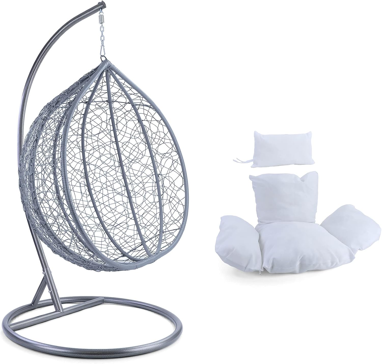 Luxus Hängesessel Miami XXL aus Polyrattan, hellgrauer Korb mit silbernem Gestell und weißen Kissen, Einzelsitz, luxurieller Egg Chair für Innen- und Außenbereich-Cottagethub