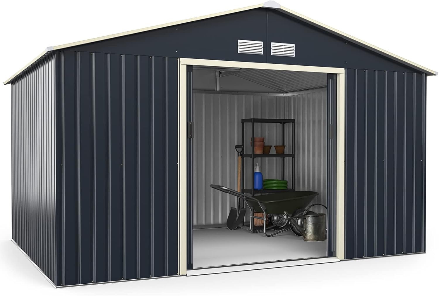 COSTWAY Metall Gerätehaus 340 x 255 x 210 cm, abschließbarer Geräteschuppen mit Schiebetür und 4 Luftschlitzen, wetterfester Gartenschuppen aus Metall für Rasenmäher, Fahrräder und Outdoor Aufbewahrung-Cottagethub