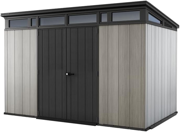 Keter Kunststoff Gartenhaus 11x7 mit Boden Doppeltür Fenster wetterfest Geräteschuppen Fahrradschuppen Outdoor 342x218x226cm Grau-Cottagethub