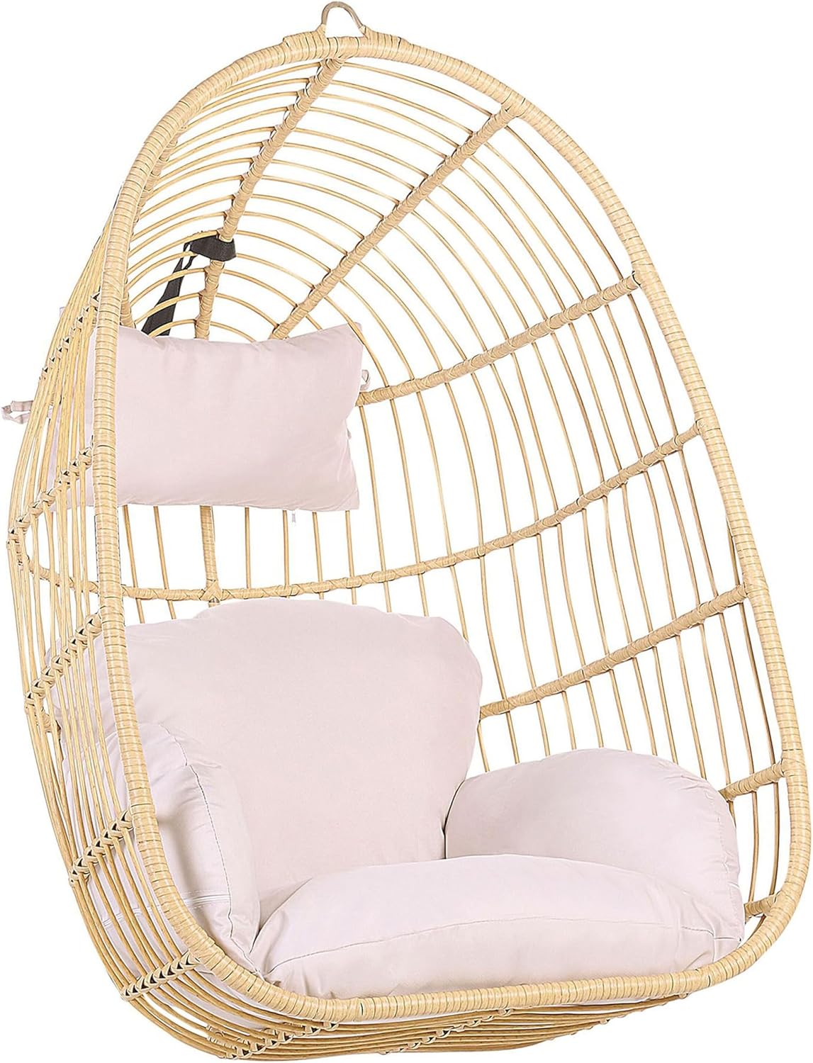 Moderner Hängekorbsessel Casoli aus Rattan und PE-Rattan ohne Gestell, inklusive Kissen, Beige, Hängesessel für Innenbereich und geschützte Bereiche, belastbar bis 90kg-Cottagethub