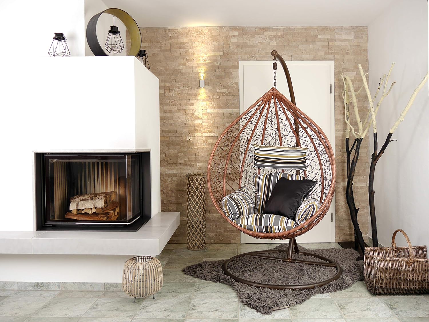 Kideo Komplettset Hängesessel mit Gestell und Sitzkissen, XXL Loungemöbel Hängekorb in Braun, Relaxsessel für Indoor und Outdoor, Kissen Nest Grau Ocker Schwarz gestreift 7891 Terra, belastbar bis 120 bis 140 kg-Cottagethub
