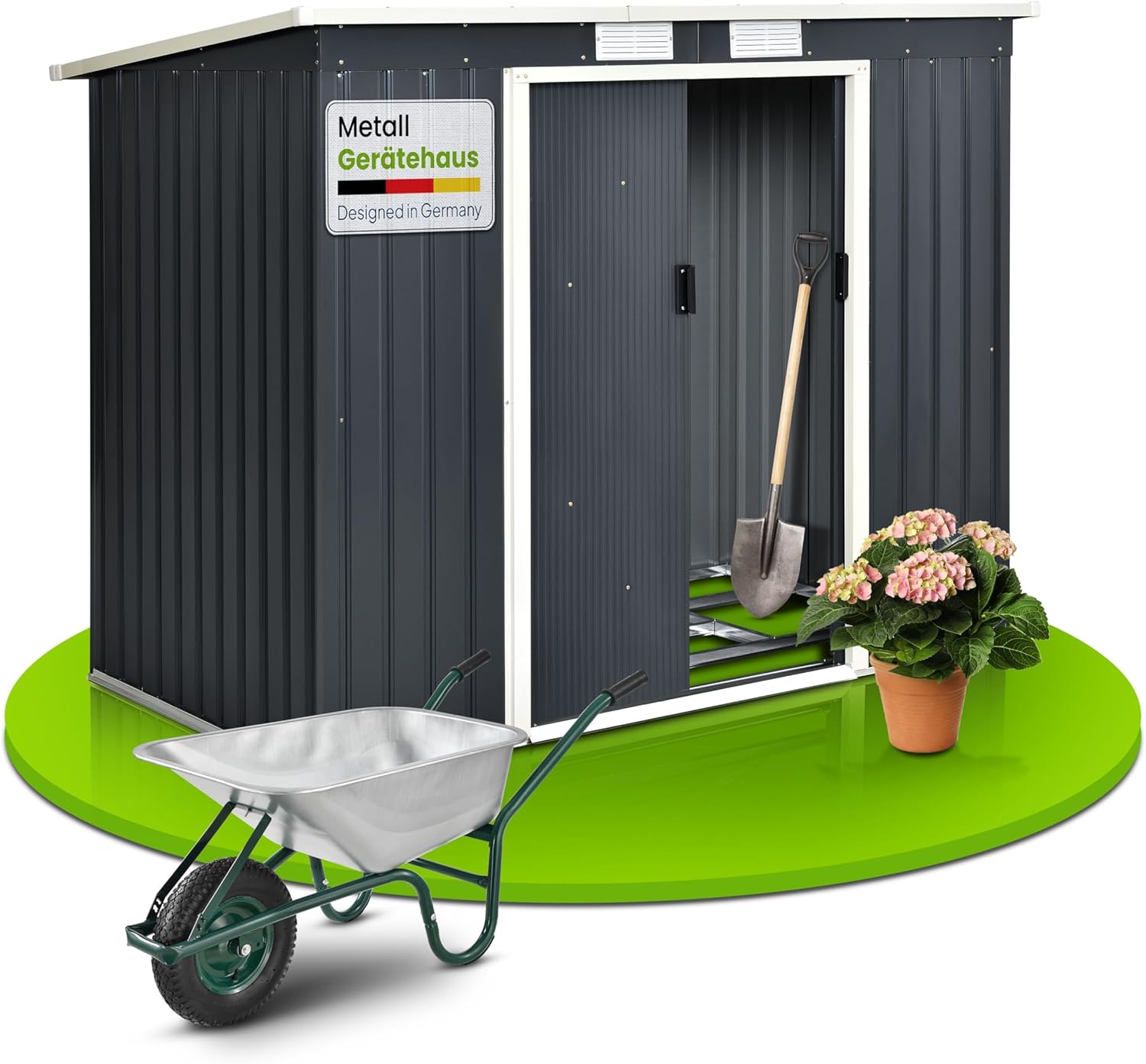 Juskys Metall Gerätehaus 4m3 Gartenhaus mit Pultdach Schiebetür und Fundament 213x130x173 cm, Geräteschuppen aus Stahl Anthrazit-Cottagethub