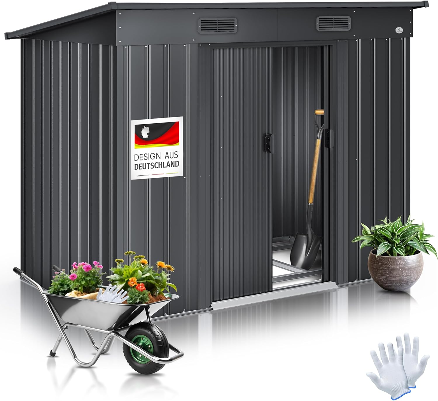 KESSER Metall Gerätehaus 4m³ Gartenhaus mit Fundament 210x132x186cm Geräteschuppen mit 2 Schiebetüren Pultdach Outdoor Anthrazit inkl Arbeitshandschuhe-Cottagethub