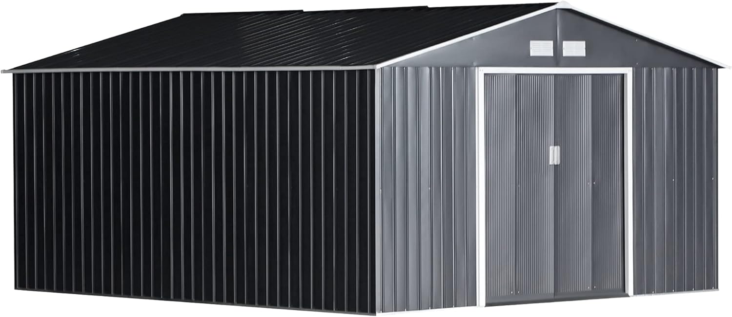 Outsunny Metall Gerätehaus 12,4m² Gartenhaus 386x340x200cm mit Pultdach Schiebetür Fundament verzinkter Stahl wetterfest Outdoor Dunkelgrau-Cottagethub