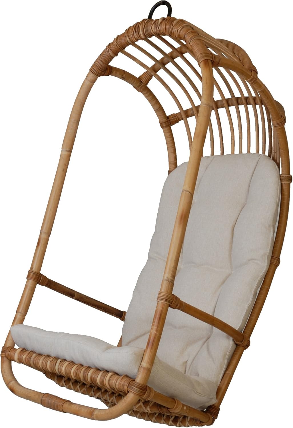 Hängeschaukel Hängesessel aus ungeschältem Natur Rattan, naturbelassener Hängekorb mit beigem Polster aus deutscher Fertigung, Sitzplatz für 1 Person-Cottagethub
