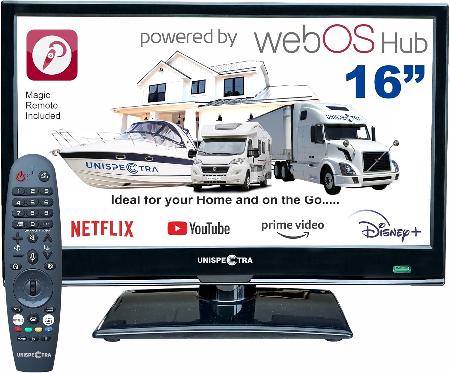 Unispectra 16 Zoll Full HD Smart TV webOS 12V 24V 230V Triple Tuner WLAN Bluetooth HDMI USB für Wohnmobil Wohnwagen Boot-Cottagethub