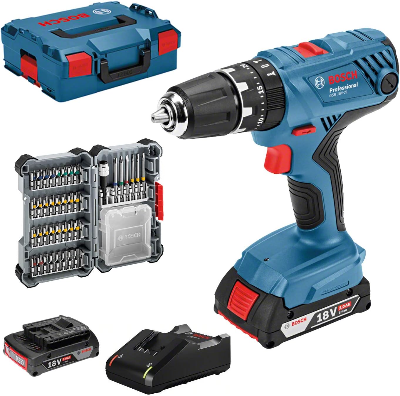 Bosch Professional GSB 18V 21 Akku Schlagbohrschrauber Set mit 2x 2.0Ah Akku, 40tlg Zubehör, L BOXX, 18V leistungsstark für Bohren und Schrauben-Cottagethub