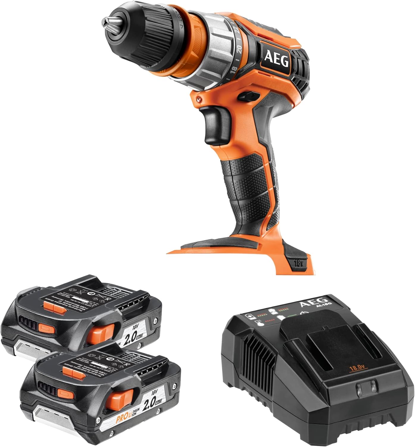 AEG PRO18V Akku-Kompakt-Bohrschrauber BS 18C2X 18V mit max. 60Nm, 13mm Schnellspannbohrfutter, 21-stufiger Drehmomenteinstellung, 2-Gang Getriebe, inkl. 2x 2,0Ah Akku und Ladegerät-Cottagethub