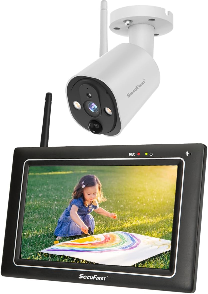 SecuFirst Überwachungskamera Außen Set mit Innen Monitor 7 Zoll Touchscreen, kabelloses System ohne WLAN, 2K Kamera Outdoor, 32GB lokaler Speicher, erweiterbar bis 2TB, Babyphone Funktion-Cottagethub