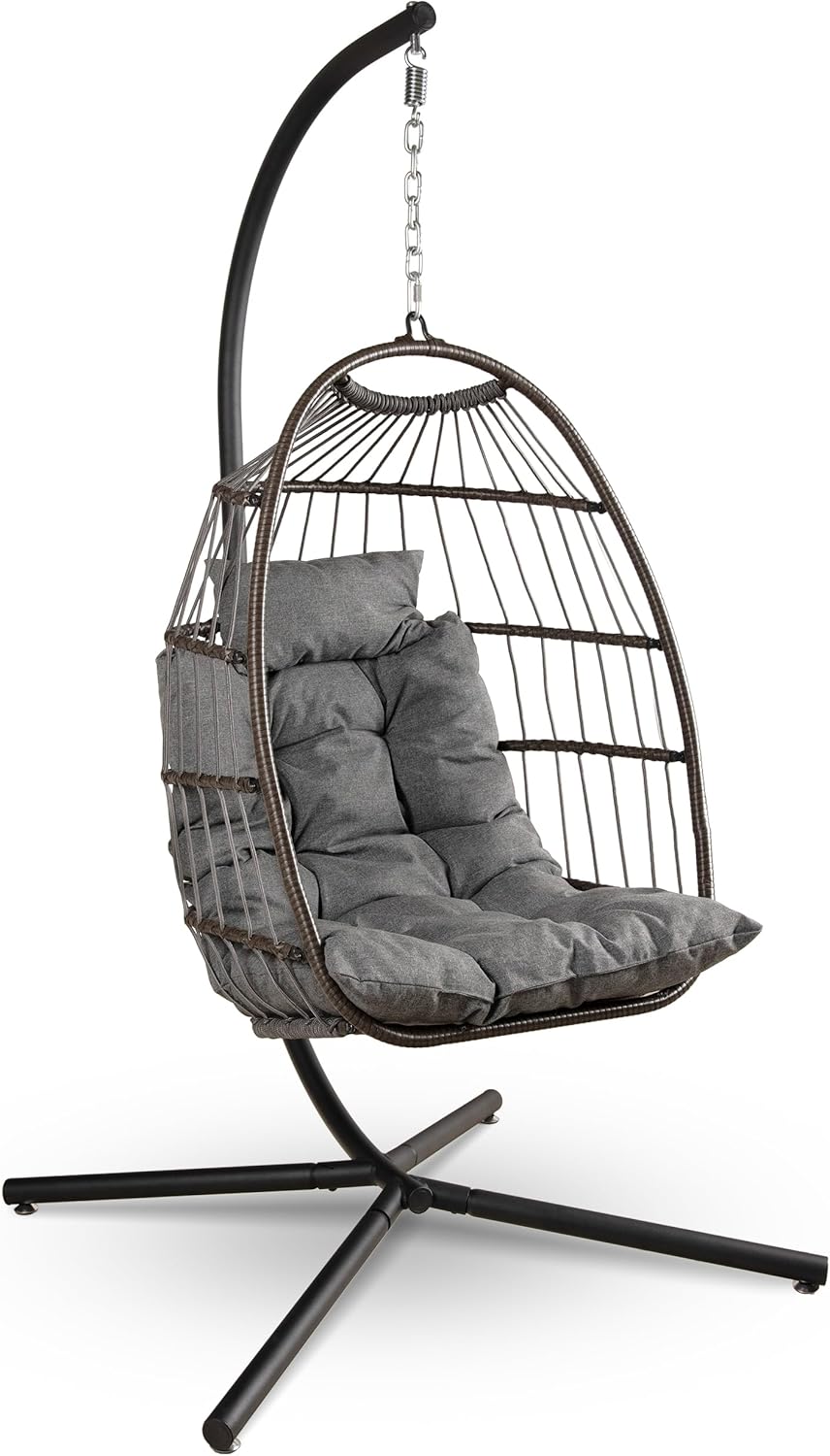 SereneLife Hängesessel mit Gestell Grau, faltbarer Hängekorb Schaukelstuhl Relaxsessel bis 250 kg, wetterfester Hängesessel mit dicken Kissen für Balkon, Garten und Indoor, platzsparendes Design-Cottagethub