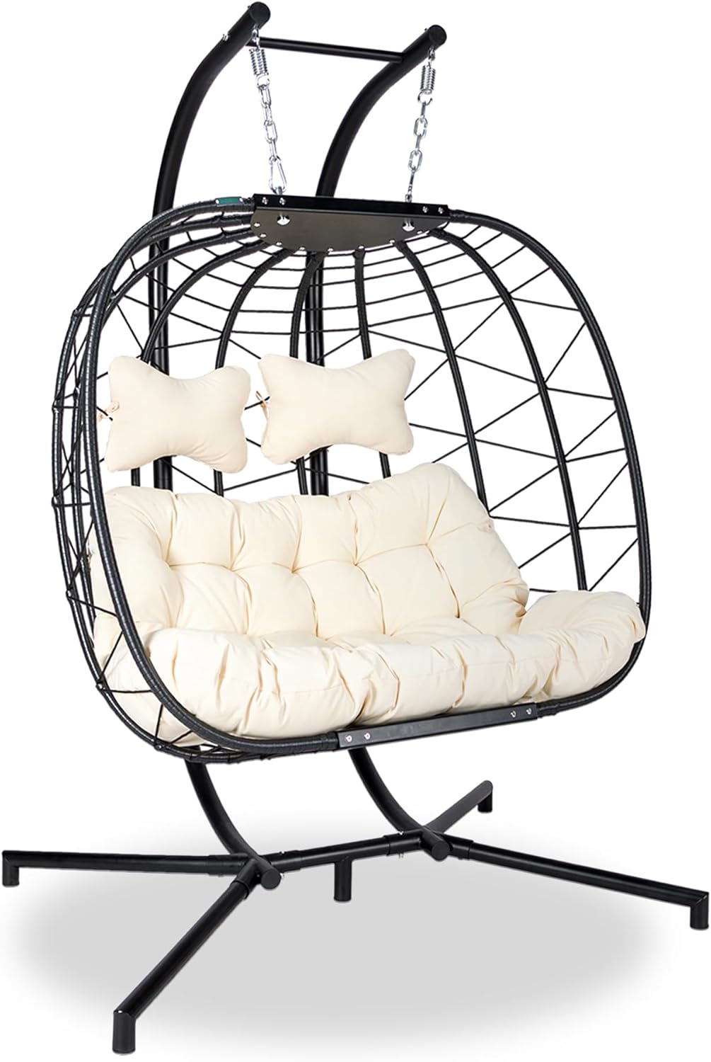 XXL Hängesessel mit Gestell für 2 Personen, Hängestuhl Indoor und Outdoor mit wetterbeständigem Polster, Schwebesessel für Garten, Balkon, Terrasse und Wintergarten, beige, belastbar bis 200kg-Cottagethub