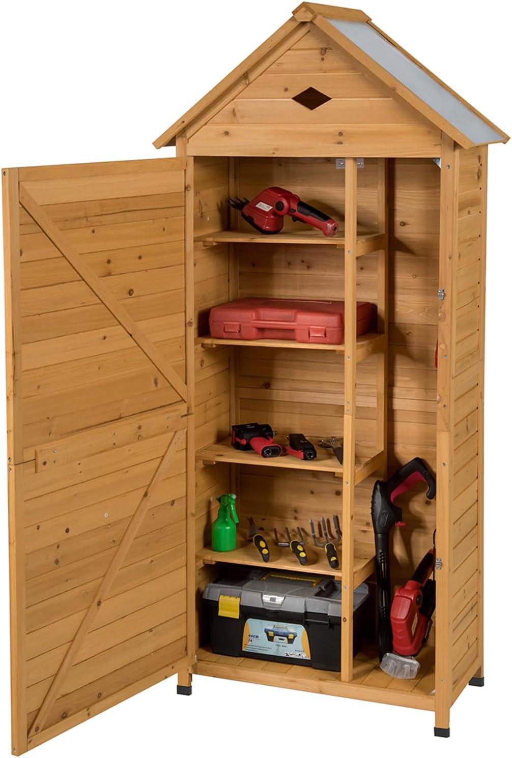COSTWAY Gartenschrank Holz Geräteschrank Outdoor mit 5 Regalböden Satteldach wetterfest Balkonschrank 80x45x177cm Natur-Cottagethub