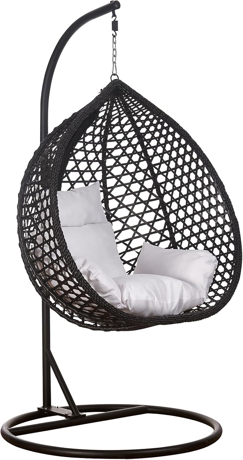 Luxus Hängesessel Style XXL Rattan Korb mit Gestell Schwarz, großer Relax Hängestuhl mit weißem Relaxkissen, dekorativer Hängekorb für Indoor und Outdoor, belastbar bis 150 kg-Cottagethub