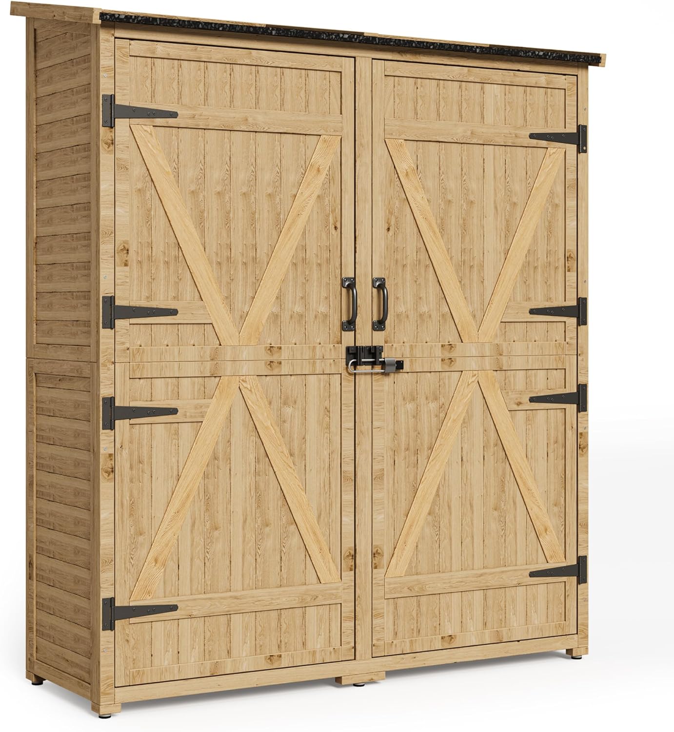 Holz Gartenschrank 140 x 44 x 162 cm, Outdoor Geräteschrank mit Tür und Böden, Gartenhaus aus Holz für Terrasse Balkon und Garten Natur-Cottagethub