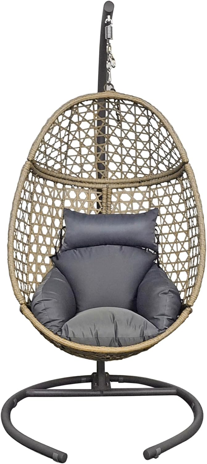 HillSee Hängesessel mit höhenverstellbarem Gestell, faltbarer Polyrattan Korbhängesessel mit Kissen, Indoor Outdoor, grau, 105x200cm, belastbar bis 140kg-Cottagethub