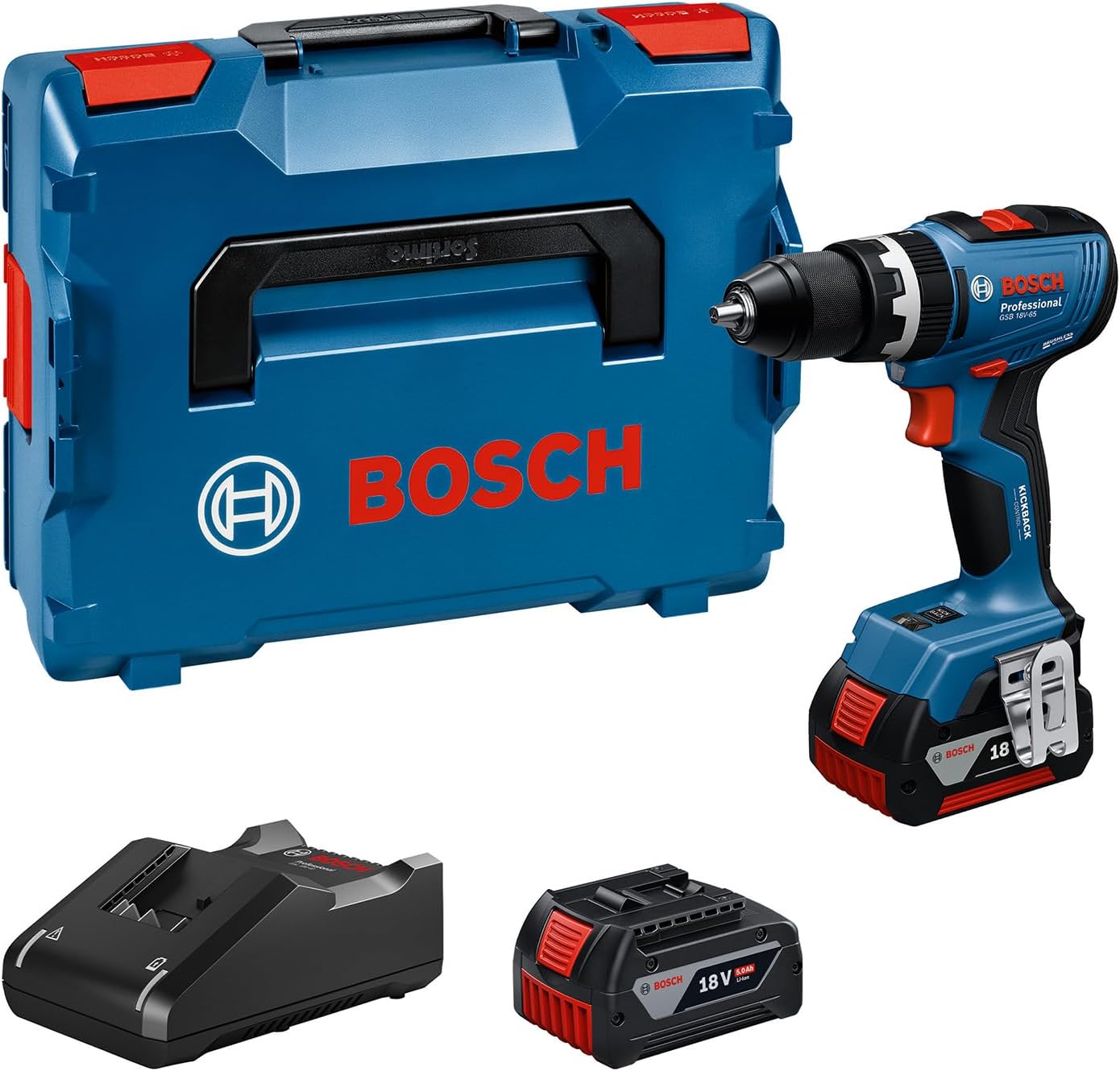 Bosch Professional GSB 18V-65 Akku-Bohrschrauber Set, 18V Schlagbohrschrauber mit bürstenlosem Motor, 2x GBA 18V 5,0Ah Akku, Ladegerät GAL 18V-40, L-BOXX, max. 2000 U/min-Cottagethub