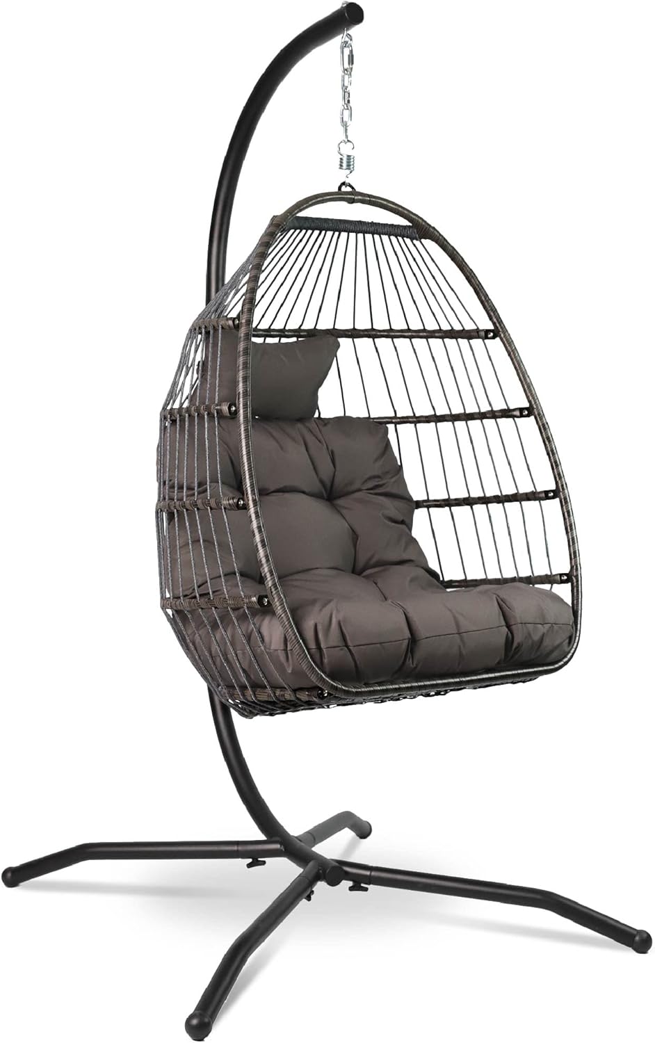 VITA5 Hängesessel mit Gestell Rattan Egg Chair bequem Outdoor Indoor Boho Schaukelstuhl für Terrasse und Leseecke bis 150kg dunkelgrau-Cottagethub