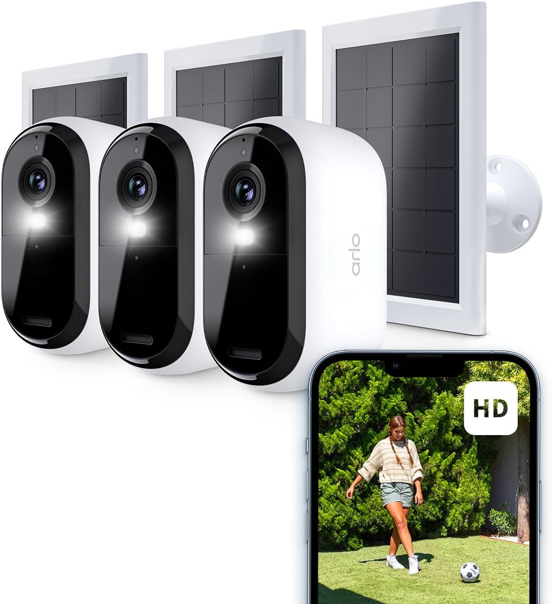 Arlo Essential HD Überwachungskamera Außen kabellos 3er Set mit Solarpanel, 1080p Video, Farb-Nachtsicht, integriertes Licht, Bewegungsmelder, Sirene, 2-Wege-Audio, Arlo Secure Testzeitraum, Smart Home Kamera-Cottagethub