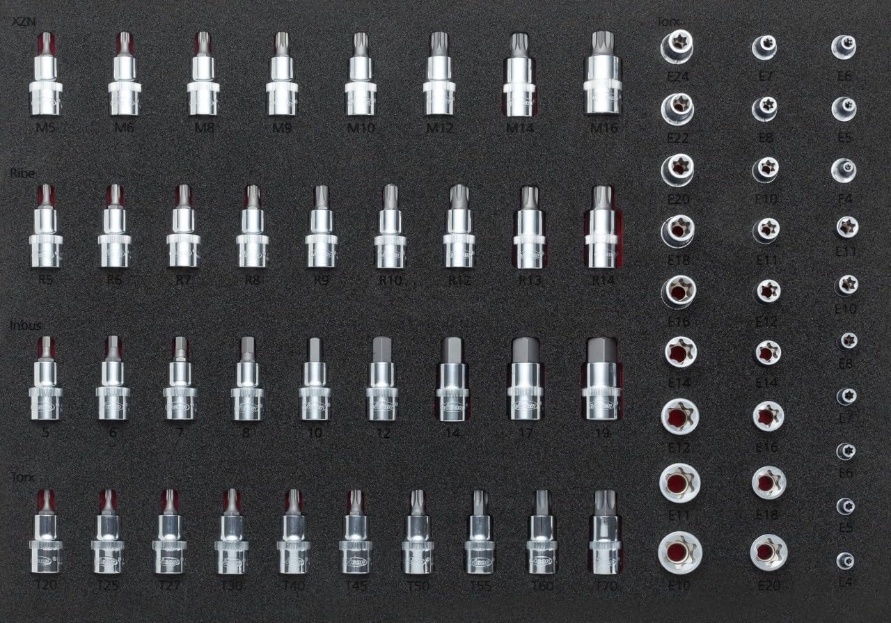 Vigor V2837 Weichschaum-Einlage 1/1 für E-Torx, XZN, Innen-Sechskant und Ribe Steckschlüssel-Einsätze, 64-teilig, Chrom-Vanadium-Stahl, Werkstatt-Systemeinlage-Cottagethub
