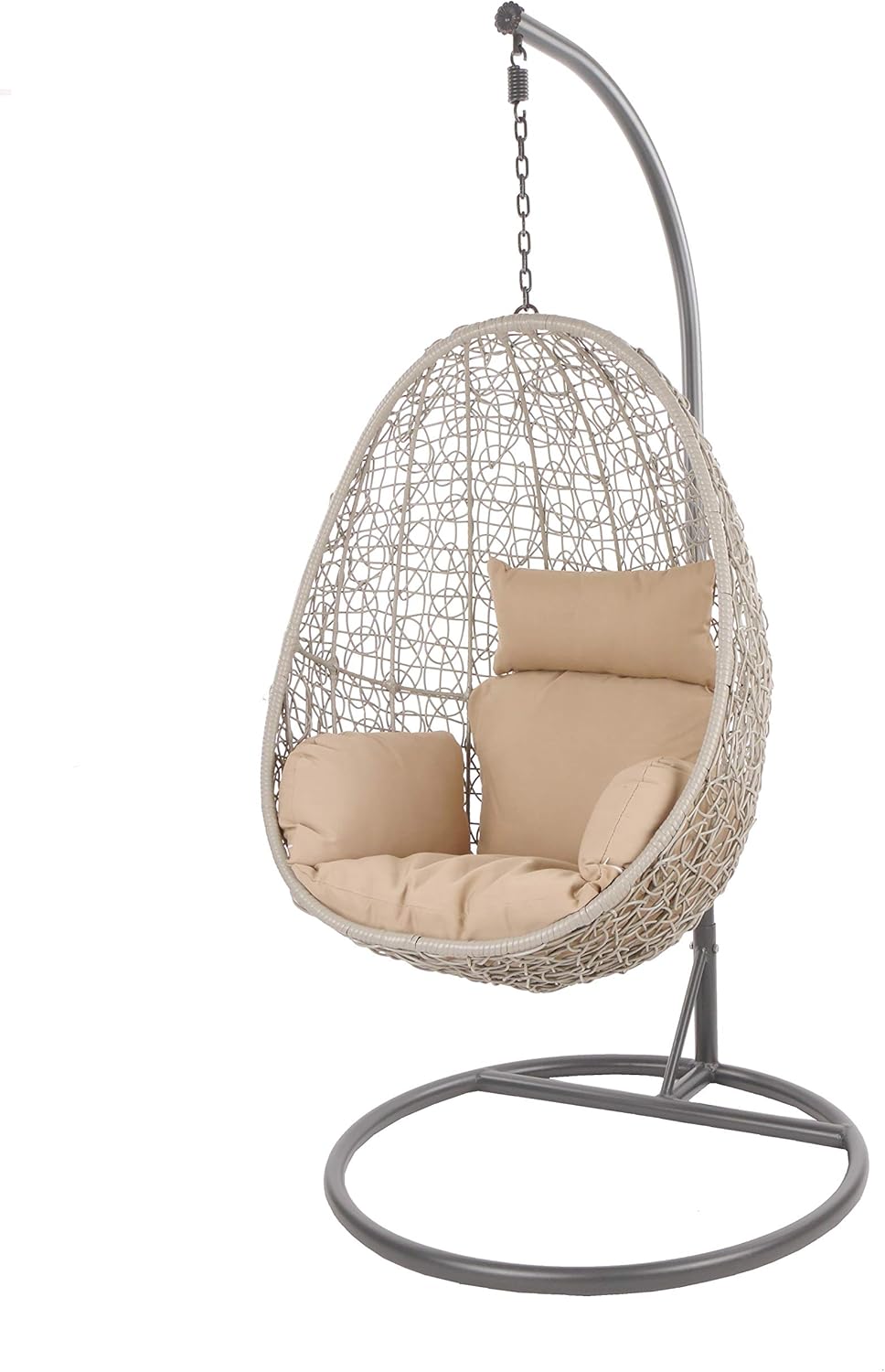 Kideo Swing Chair Hängesessel mit Gestell und Kissen, Polyrattan Loungesessel für Indoor und Outdoor, grau beige, Hängestuhl für Garten, Balkon und Wohnbereich, belastbar bis 120kg-Cottagethub