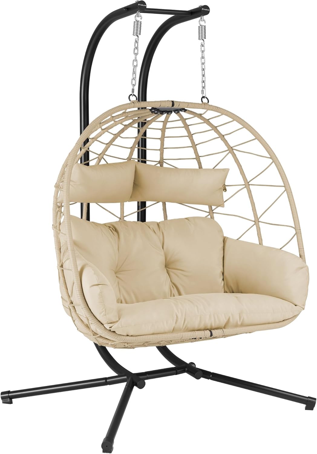 Hängesessel für 2 Personen mit Gestell Creme, XXL Hängeschaukel für Indoor und Outdoor, Doppel Hängekorb mit Kissen und Auflagepolster, Gartenschaukel Relaxsessel bis 220 kg-Cottagethub