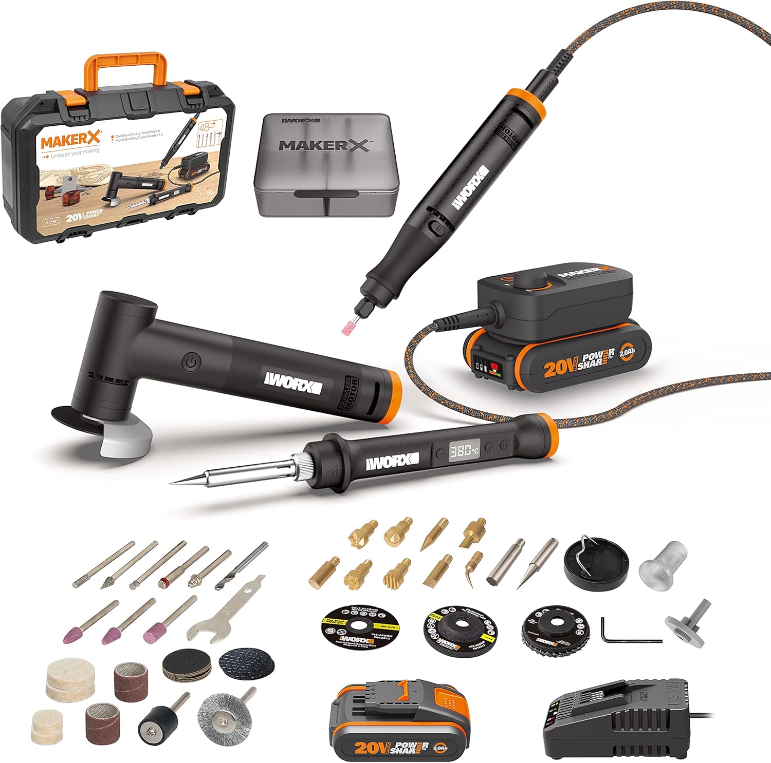 WORX MakerX WX991 Akku Multifunktionswerkzeug Set 3-in-1 mit Lötkolben, Winkelschleifer und Multitool, 20V PowerShare, bürstenloser Motor, inkl. 2Ah Akku und Ladegerät-Cottagethub