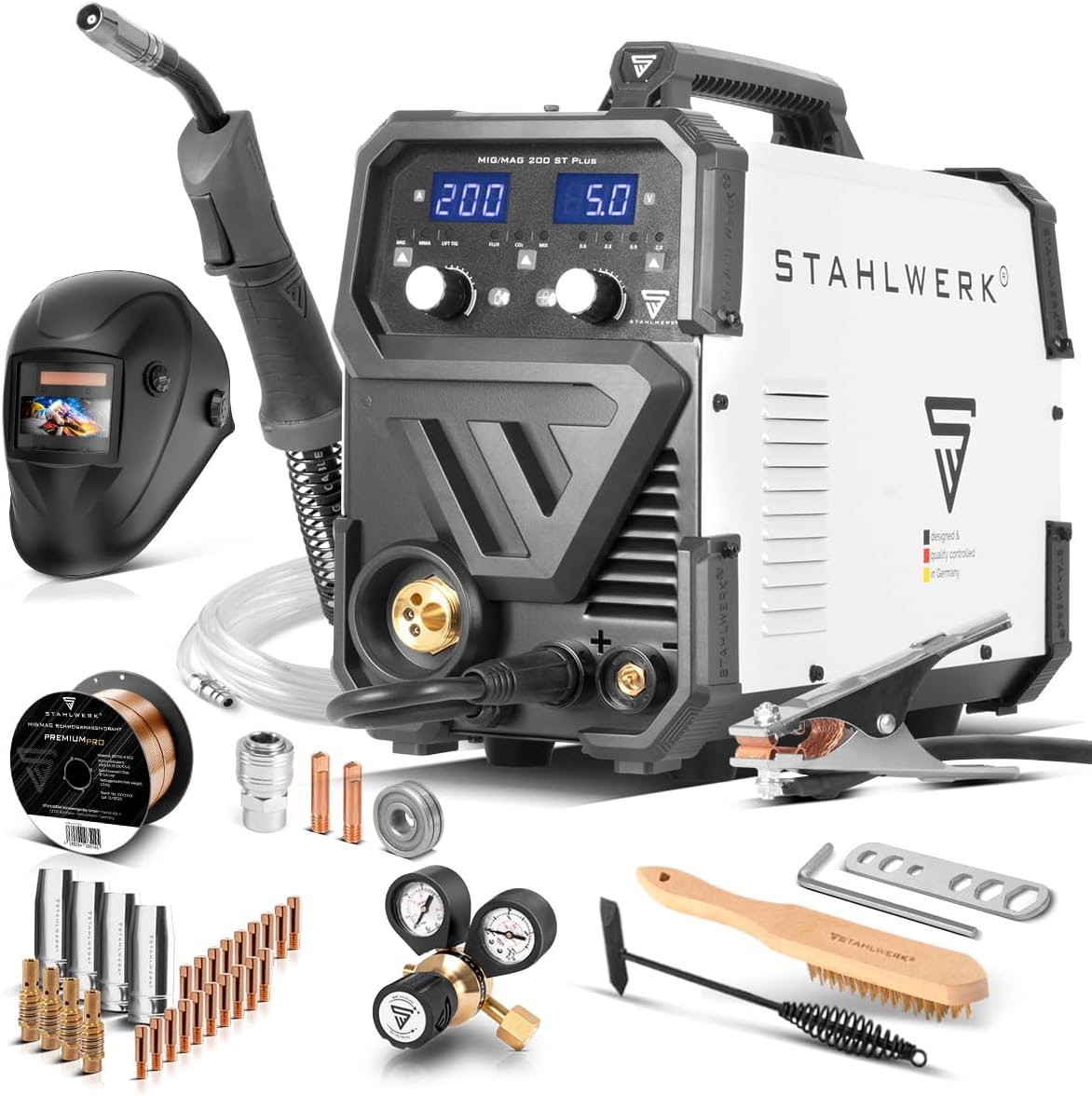 STAHLWERK MIG MAG 200 ST Schweißgerät IGBT Inverter 200A, Schutzgasgerät mit synergischem Drahtvorschub, FLUX geeignet, Lift TIG und MMA ARC Funktion-Cottagethub